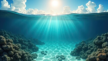 Sunlit underwater view of bleached coral reef on sandy ocean floor	
