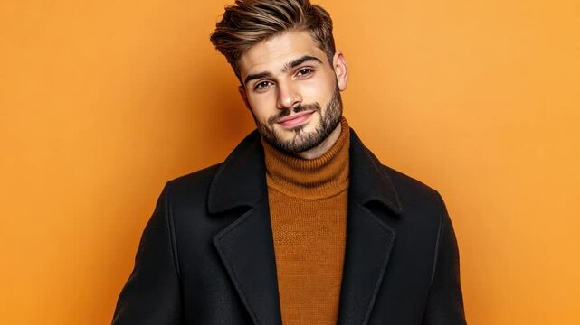 Modern Man in Orange Backdrop: A stylishly dressed young man with a charming smile, poses confidently against a vibrant orange backdrop, creating a compelling portrait.
