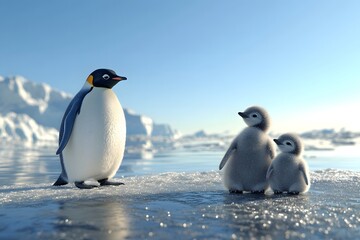 Obraz premium Photograph of a penguin with its baby in the middle of an Antarctic ice block, against a blue sky, Generative AI
