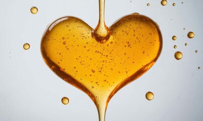 Golden honey pouring in the shape of a heart against a clean white background