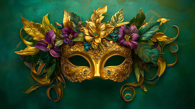 Elaborate golden masquerade mask adorned with colorful flowers against a vibrant green background. Mardi gras.