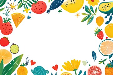 Colorful fruit and vegetable border design with floral elements and pastel colors