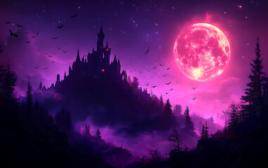 Naklejka premium Haunted Castle on Hill with Full Moon and Flying Bats 