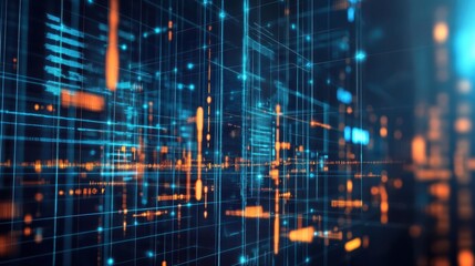 Obraz premium A vibrant cityscape featuring intricate lines in blue and orange, highlighting the dynamic interplay of urban elements and colors.