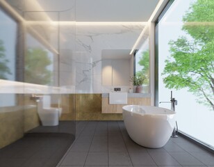Corner style bathroom Clean and minimalist look You can see the view of the big trees in the room under the ceiling with hidden lights giving off bright light.3d render