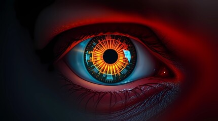 A close-up cinematic shot of a human eye with a detailed biometric hologram overlay. Represent digital security, facial recognition, iris scanning, cybersecurity, human-machine interaction.