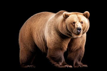 Fototapeta premium Front view of brown bear isolated on black background Portrait of Kamchatka bear Ursus arctos beringianus
