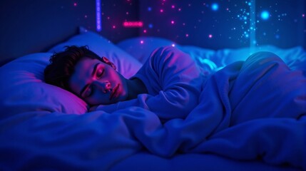Young man with short dark hair lies in bed under white blanket, illuminated by blue and pink LED lights. Dim lighting enhances futuristic ambiance and creates sense of healthy sleep and relaxation.