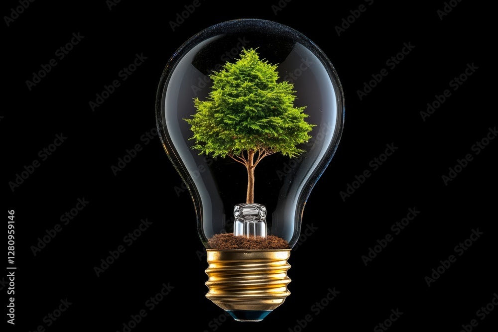 Poster Conceptual image depicting a light bulb with a small tree growing inside symbolizing sustainable energy renewable resources and the potential for environmental growth and innovation