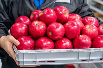 Fruit and food distribution Truck loaded with containers full of apples ready to be shipped to the market