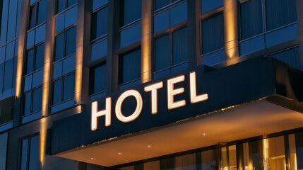 A contemporary hotel showcases a bold, illuminated 'HOTEL' sign in a vibrant city at night. Soft lighting enhances the building's sleek design, welcoming guests and passersby