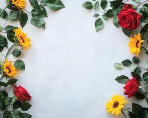 A floral frame made of red roses, yellow sunflowers, and green leaves on a gray background.