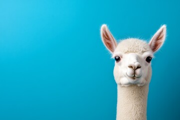 Fototapeta premium Funny white alpaca on blue background
