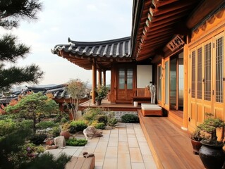 Fototapeta premium A traditional Korean style wooden structure and garden
