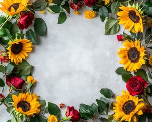 Obraz premium A floral frame made of red roses, yellow sunflowers, and green leaves on a gray background.
