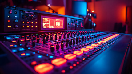 Illuminated Audio Mixing Console in Recording Studio