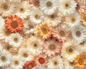 An artistic and colorful bouquet of gerbera flowers in shades of brown, yellow, white, and pink.