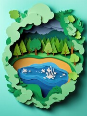 Handmade nature landscape, features cutouts of forest trees, river and mountains, with a teal background.