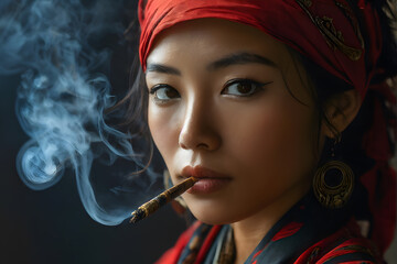 Fototapeta premium A woman is smoking a cigarette while wearing a red scarf