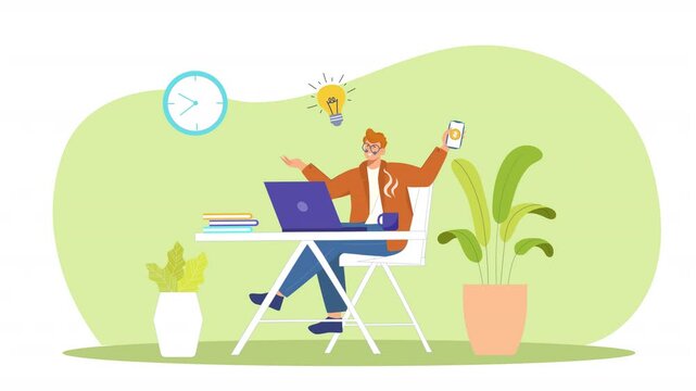 Vector scene animation depicting a person at a computer, smiling and enjoying their work, with visual cues such as positive emotions, progress bars, or achievements.
