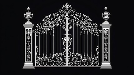 A simple black and white vector design an ornate iron gate, perfect for adding a touch elegance to your project.