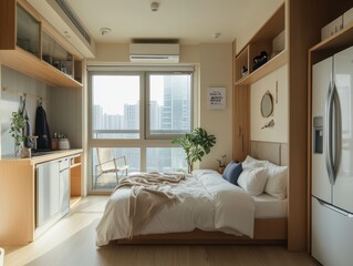 The interior design showcases a small bedroom with a bed