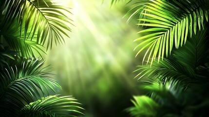 Fototapeta premium Lush Tropical Jungle with Sunlight Rays Through Palm Leaves
