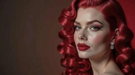 Naklejka premium A woman with red hair and red lipstick is standing in front of a red background. She has a confident and bold look on her face