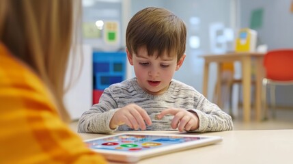 Autism research team using a tablet for a language development assessment. Featuring speech therapy and autism research