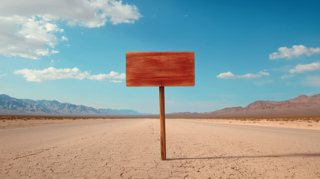 An empty signpost standing alone in a vast desert landscape under a clear blue sky.