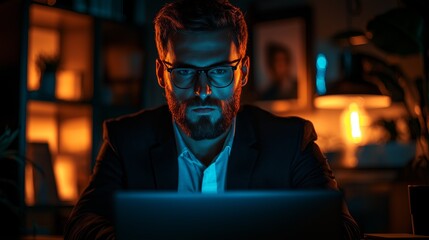 Cybersecurity professional analyzing data on a laptop in a dimly lit office, representing insider threats and data security risks.