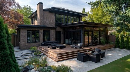 Fototapeta premium modern house with a stylish patio, featuring outdoor furniture and plants in a serene backyard retreat