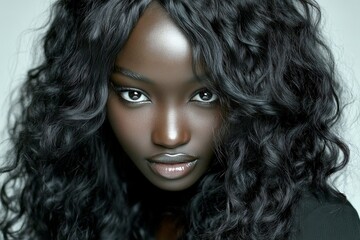Fototapeta premium Commercial digital ads conceptual art. Long coiffure - curly hair. Attractive happy black girl - for ads, marketing material and social online ad use. Stunning black concept. Fashion model.