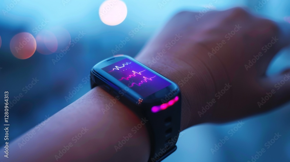 Poster A wrist mounted device displays an electrocardiogram showing heart activity while a person practices mindfulness as evening settles in.