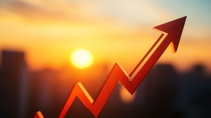 Red zigzag arrow rising against blurred cityscape at sunrise highlighting growth