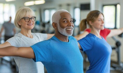 Therapist guides senior couple through engaging home exercise routine for physical recovery and fitness