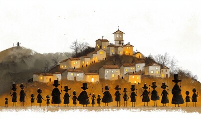 Colorful folk art illustration showcases a village on a hill, with charming characters in silhouettes against a warm backdrop