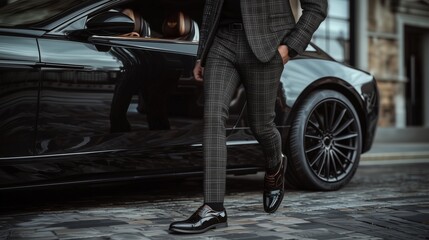 Elegant man in a tailored plaid suit stepping out of a sleek black luxury car, showcasing polished leather dress shoes and confident body language.