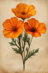 Three bright orange poppy flowers with lush green leaves showcased in an elegant folk art card design setting