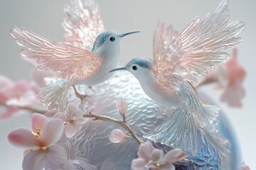 Fototapeta premium Two exquisite glass hummingbirds with delicate wings, perched on a flowering branch, a stunning art piece.