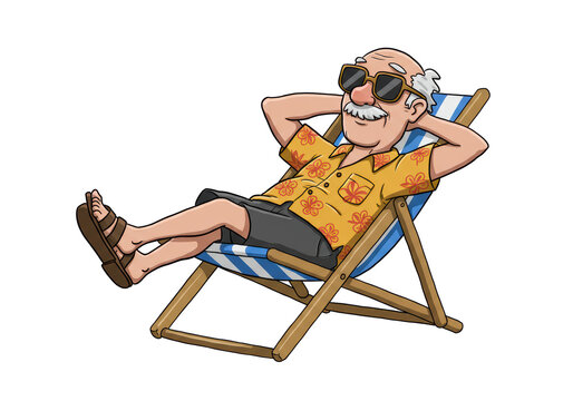 Isolated Cartoon Senior Man Relaxing in Deckchair, Summer Vacation