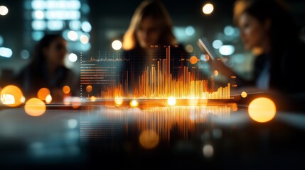 Financial analysts reviewing stock market data with futuristic digital graphs, illuminated by glowing financial statistics in a corporate setting.