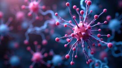 Image of a red virus-like particle with pink spikes infecting neurons, resembling Semaglutide.