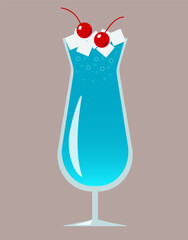 Vector illustration of a cocktail with ice and cherries. Flat icon of a cold summer drink. Fresh beverage in a high glass