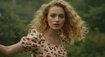 A young woman with curly hair in a vintage summer dress stands in a serene forest. Her stylish and romantic look, combined with soft light and natural beauty, creates a dreamy, graceful, and peaceful 