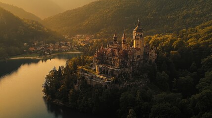 Obraz premium Sunset Lake Castle Aerial View