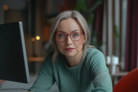 A mature professional focuses intently on a computer screen, holding a pen and wearing trifocal glasses in a bright office