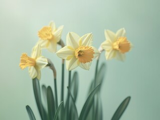 Yellow tulips with green leaves in a clear vase.