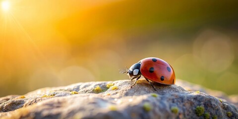 Obraz premium A Vibrant Ladybug on a Sunlit Rock, Basking in Golden Hour Light