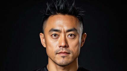 Obraz premium Portrait of a serious Asian man against a black background. His dark hair is styled up, and he has a focused expression.